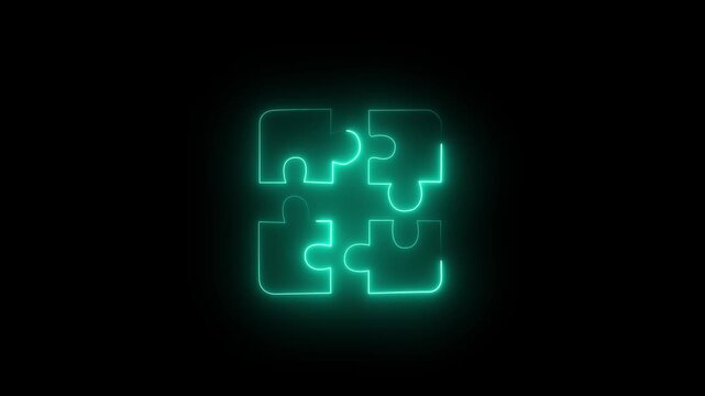 Neon Puzzle Pieces Glowing Cyan Icon Showing Problem Solving Strategy and Teamwork Integration on Black Background