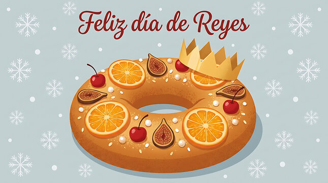 Rosc&oacute;n de Reyes traditional cake topped with candied fruit and a paper crown sits against a blue snowflake background.