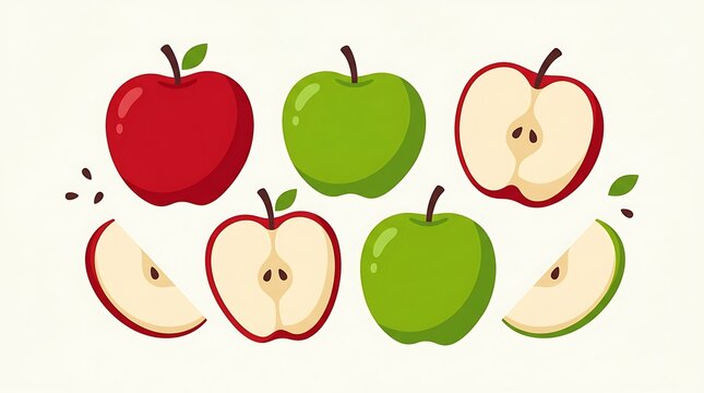 Set of fresh red and green apples whole and sliced for healthy food