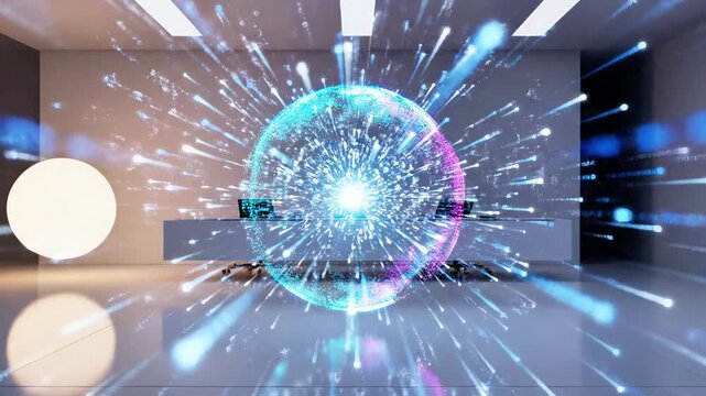 Glowing energy sphere exploding in a modern minimalist office