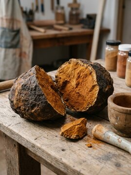 Natural Raw Ochre Pigment Stone Split Open on Rustic Wooden Workbench in Artist Studio Workshop, Earthy Ochre Mineral Texture for Traditional Painting and Fine Art Craftsmanship, Close-up Macro