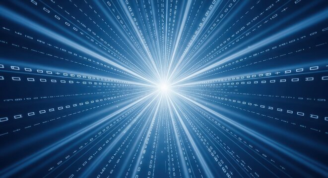 Blue digital tunnel with glowing binary code streams and radial light burst