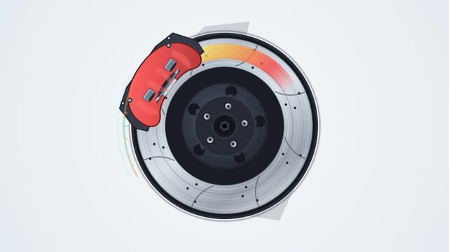 Animated car brake system with glowing friction heat on metal disc