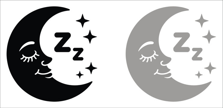 sleeping crescent moon face icon set, nighttime sleep zzz star symbol collection, good night dream bedtime graphic, isolated resting sky sign vector.