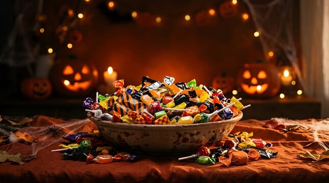 Halloween candy bowl filled with assorted sweets, festive trick or treat treats on rustic table, spooky jack-o-lantern background with warm bokeh lights