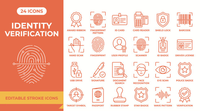 Identity verification icon set, clean vector outlines, biometric security symbols, orange monochrome style, editable authentication graphics.