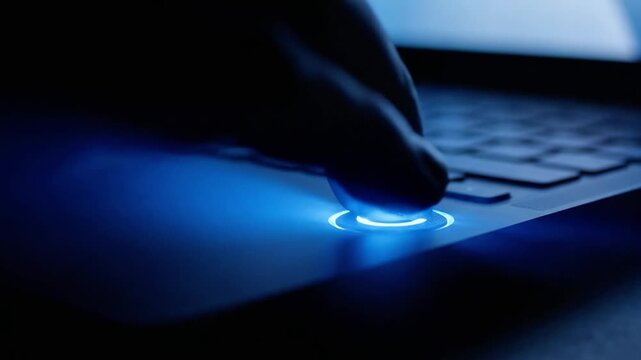 Glowing power button on laptop keyboard with blue light.