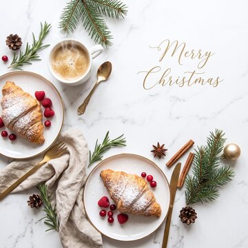 Festive Christmas breakfast flat lay with croissants, coffee, berries, and pine branches on white marble.