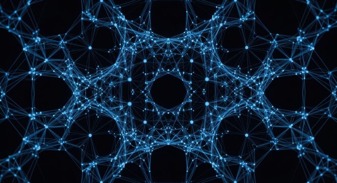 Blue glowing network of connected dots and lines forming a symmetrical geometric pattern on a black background