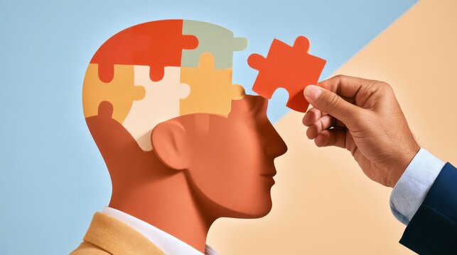 Surreal terracotta human head silhouette with missing puzzle pieces being filled by hand representing mental solution