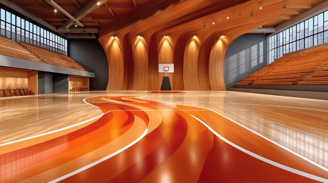 Indoor basketball court with polished hardwood floor featuring orange and red wave patterns, curved wooden walls, and empty bleachers as sports architecture