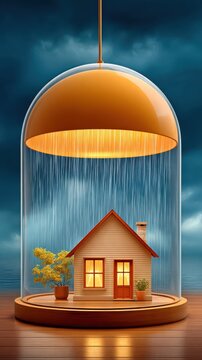 Miniature house under glass dome with warm interior light and falling rain, protected from stormy sky, concept of safety and shelter
