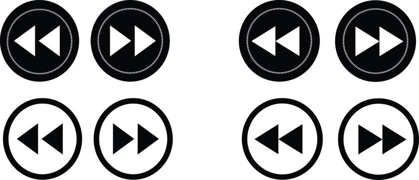 A collection of rewind and fast forward media control buttons with circular borders presented in both solid dark and outlined white style vector icons