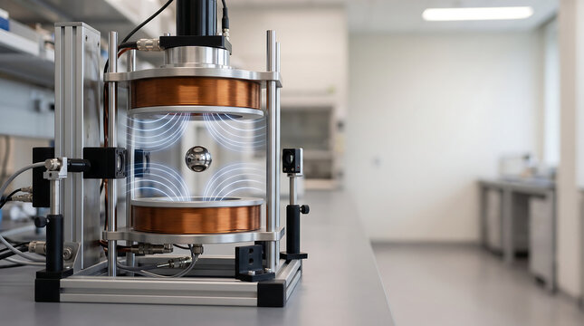 Magnetic levitation experiment with metallic sphere levitating between electromagnetic coils in physics laboratory for superconductivity research
