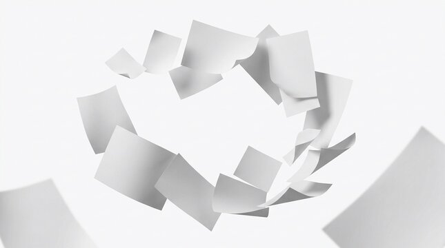 Blank white sheets of paper floating in a circular formation against a bright white background with float circular arrangement