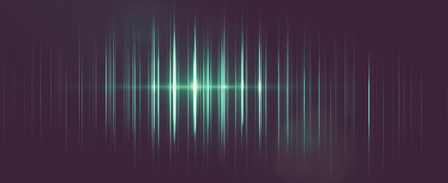 Visual representation of a digital equalizer featuring luminous vertical light bars and a vibrant central pulse, depicting various audio frequencies
