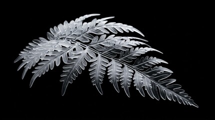 A single translucent fern frond with intricate leaf patterns isolated against a solid black background © Nazia