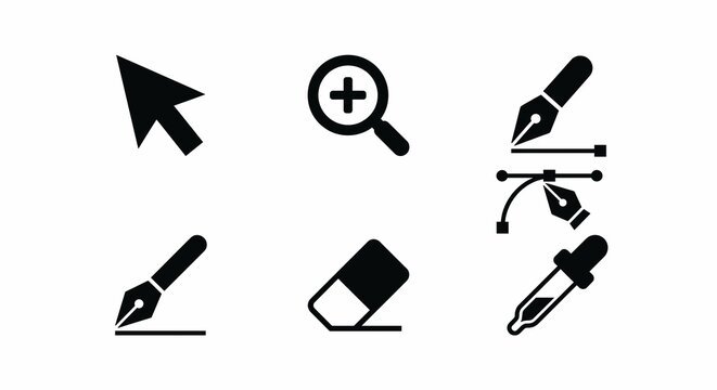 Set of black graphic design tool icons illustrating cursor zoom pen tool eraser and dropper on a white background with design tools arranged