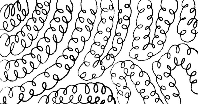 Black charcoal spiral loop pattern on white background, abstract continuous curly scribble line art texture, minimal whimsical hand drawn illustration