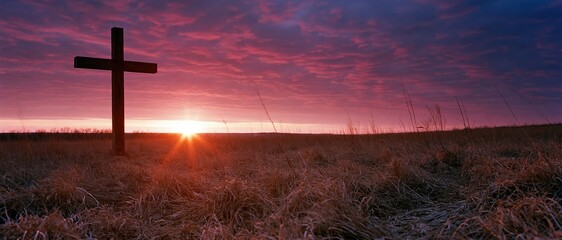 Fototapeta premium Wooden christian cross standing in a grassy meadow at sunset