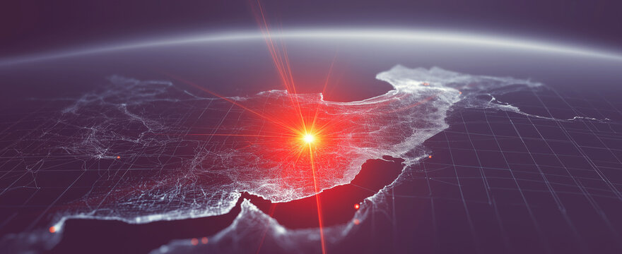 Digital map visualizing a data network with an intense glowing epicenter in the Middle East, symbolizing global connectivity and impact