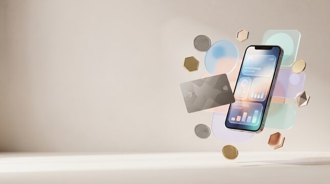 Modern smartphone displaying financial data with floating abstract shapes and credit card on a neutral background.