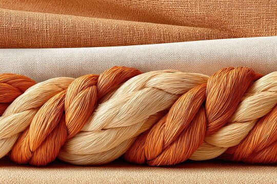 Textile close up featuring woven jute and raffia fibers in warm earth tones with layered fabric background, natural material texture