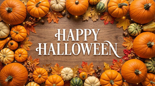 Happy Halloween decorative frame of pumpkins, gourds, autumn leaves and lights