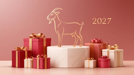Fototapeta premium Cream gift boxes with gold ribbons, golden goat silhouette on marble podium, 2027 holiday celebration, minimalist festive display