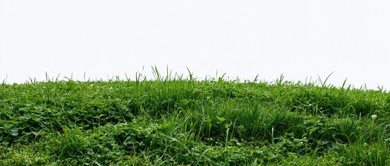 Fototapeta premium Dense green grass lawn filling the frame at low angle with white sky above