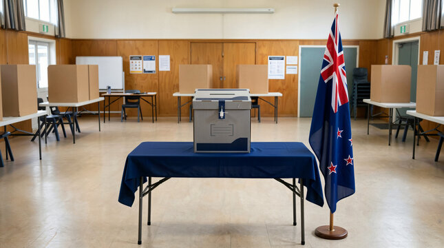 Voting booth with New Zealand flag in an empty polling station  