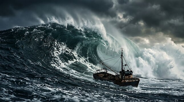 Small fishing boat fighting huge waves in stormy dark ocean