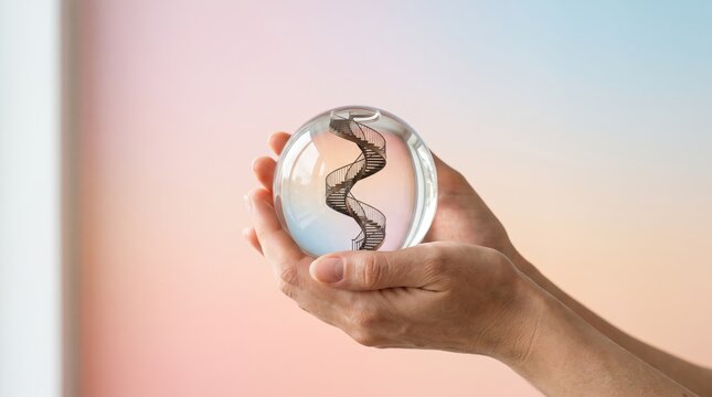 A pair of hands holding a glass crystal ball containing a miniature spiral staircase, symbolizing future vision, strategic planning, business growth, and the journey ahead in a