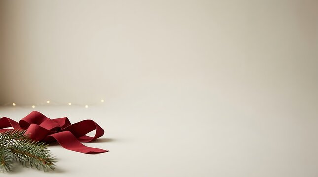 Red ribbon bow with fir branch and string lights for holiday decor accent.