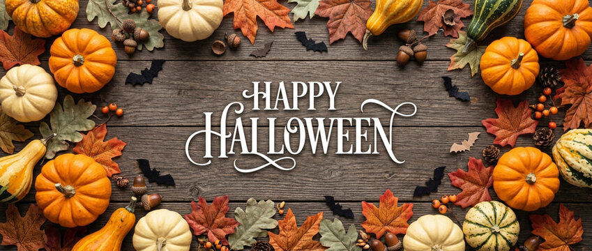 Happy Halloween Decorative Gourds, Pumpkins, Autumn Leaves, Bats on Wood