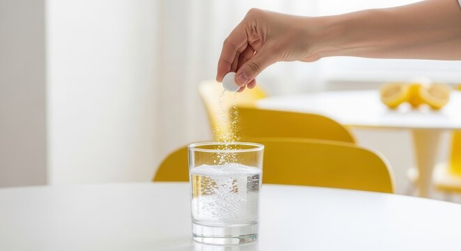 Hand dropping effervescent tablet into glass of water with fizzing bubbles, creating refreshing drink. Close-up.
