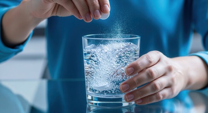 Hand dropping effervescent tablet into glass of water, creating fizzing bubbles and dissolving medicine for relief.