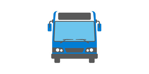 Front view of a blue bus with clear windshield and headlights. © wajiduuu