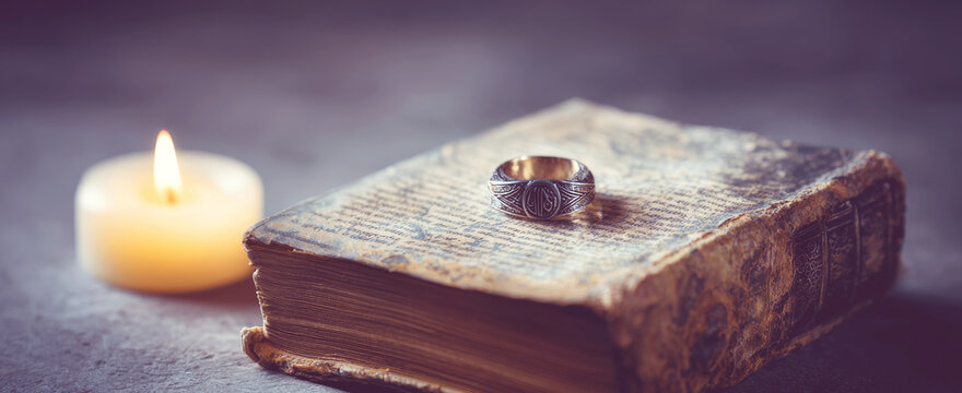 Old book and ring with ancient symbols, lit candle casting warm light, evoking history and wisdom