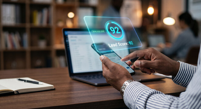 Hand holding smartphone with lead scoring qualification hologram, glowing score number and qualified badge, enterprise CRM sales lead management technology concept
