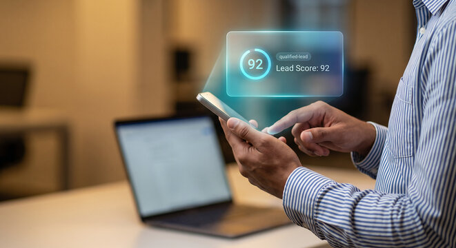 Hand holding smartphone with lead scoring qualification hologram, glowing score number and qualified badge, enterprise CRM sales lead management technology concept