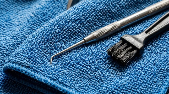 Cleaning tools with metal pick and brush on blue microfiber cloth