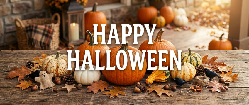 Happy Halloween pumpkins, autumn leaves, ghost decor on rustic wooden table