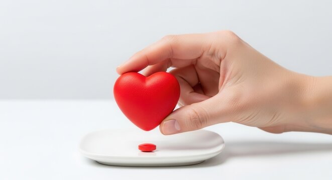 Hand holding a red heart over a plate with a single pill, symbolizing cardiac health, medication, and medical care.