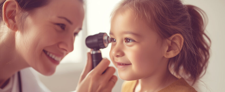Pediatrician examining little girl's ear with an otoscope during a routine medical checkup