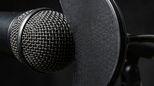 Macro shot of a black professional audio microphone with mesh grille and pop filter
