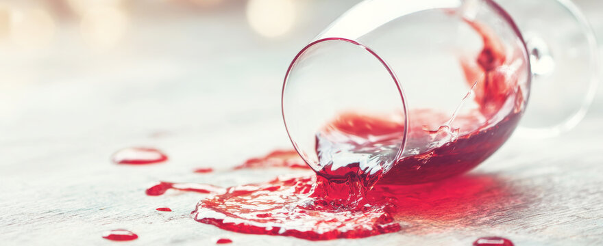 Overturned glass spilling red wine onto a light textured surface, forming a liquid puddle and a stain