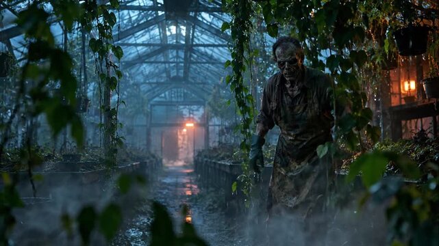 Scary zombie gardener walking through a dark misty greenhouse at