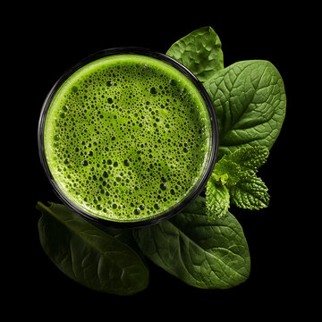 Vibrant green vegetable smoothie in a clear glass with fresh lettuce garnish, isolated on black background, concept of detox