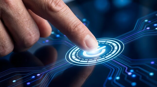 Close up of a human finger pressing a glowing power button icon on a futuristic digital interface with circuit board patterns representing activation and technology.